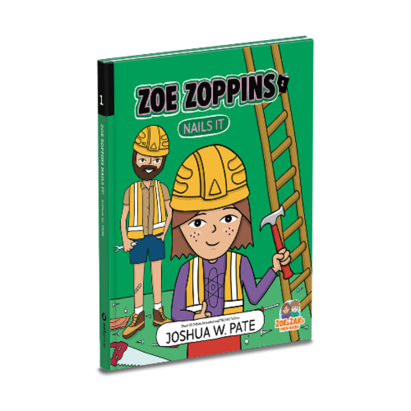 A book cover, 8-year-old Zoe is dressed in workwear including a yellow hardhat ad is holding a hammer. Her uncle Ozzie is also dressed in workwear and hard hat. Behind them both is a ladder on a dark green background.