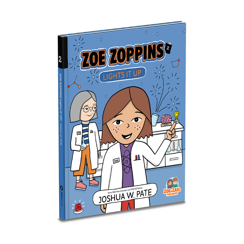 A book cover, 8 year-old Zoe is at her Grandma's science lab, they are both wearing white lab coats. There are some experiments going on behind them on a white cupboard on a blue background.