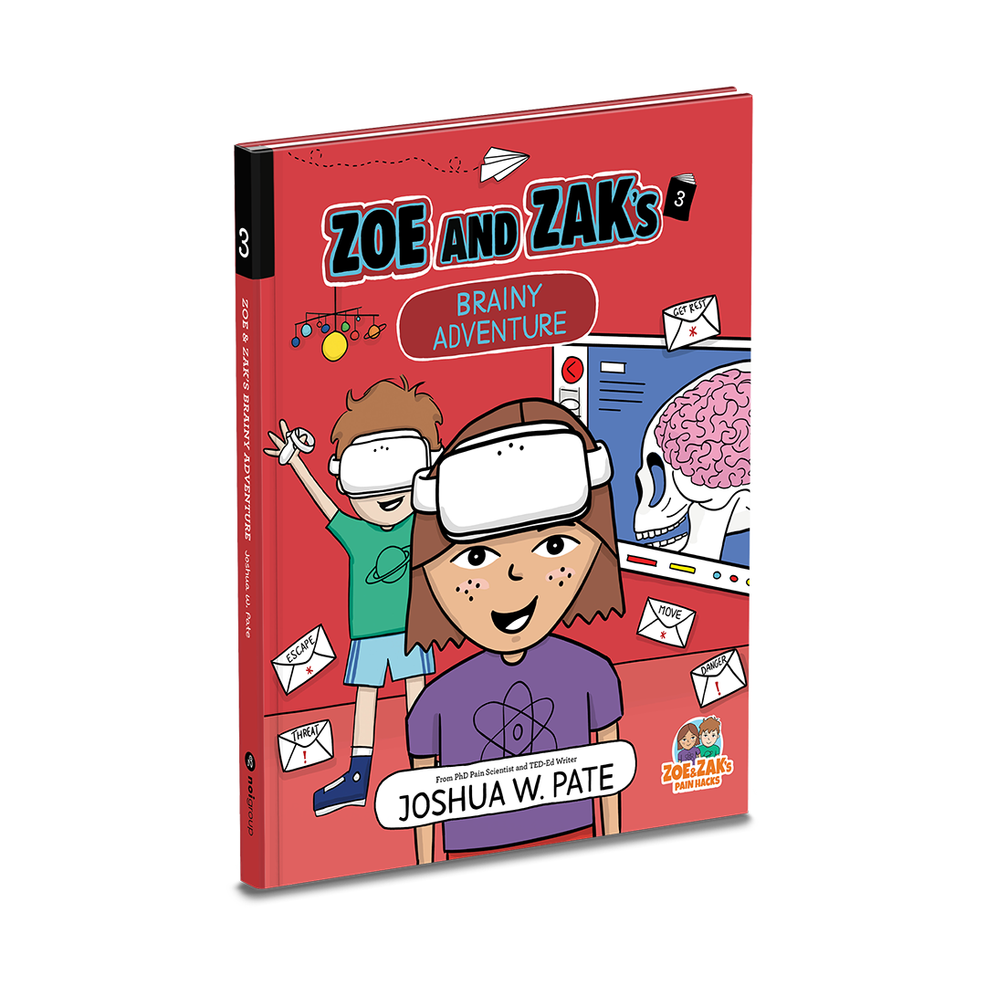 A book cover, the two kids Zoe and Zak have virtual reality headsets on. Behind them is the school classroom whiteboard showing a brain. Red background.