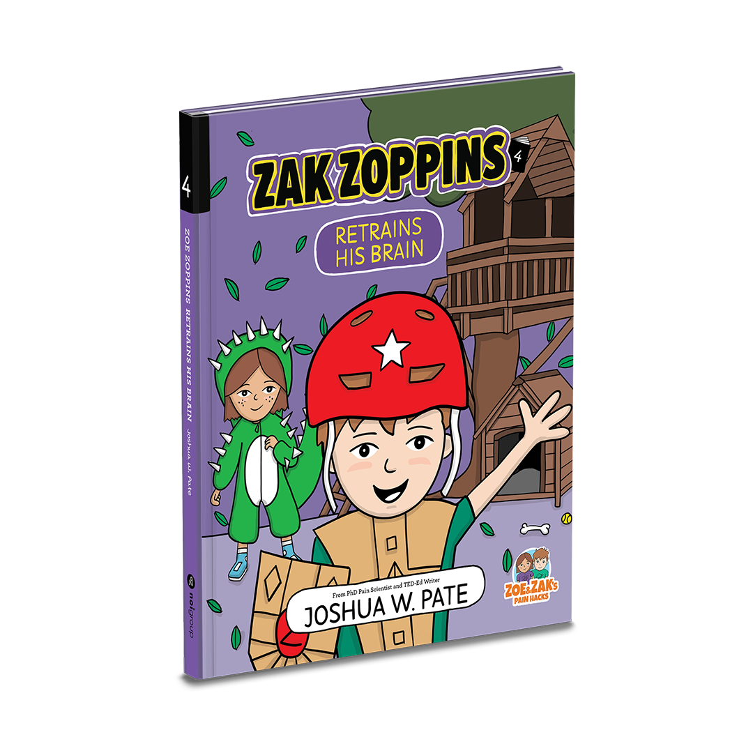 A book cover, the kids Zoe and Zak are in fancy dress - Zoe in a dinosaur costume and Zak as a Knight but with a red bike helmet. They are standing in front of a tree house on a purple background. Green leaves are falling all around.