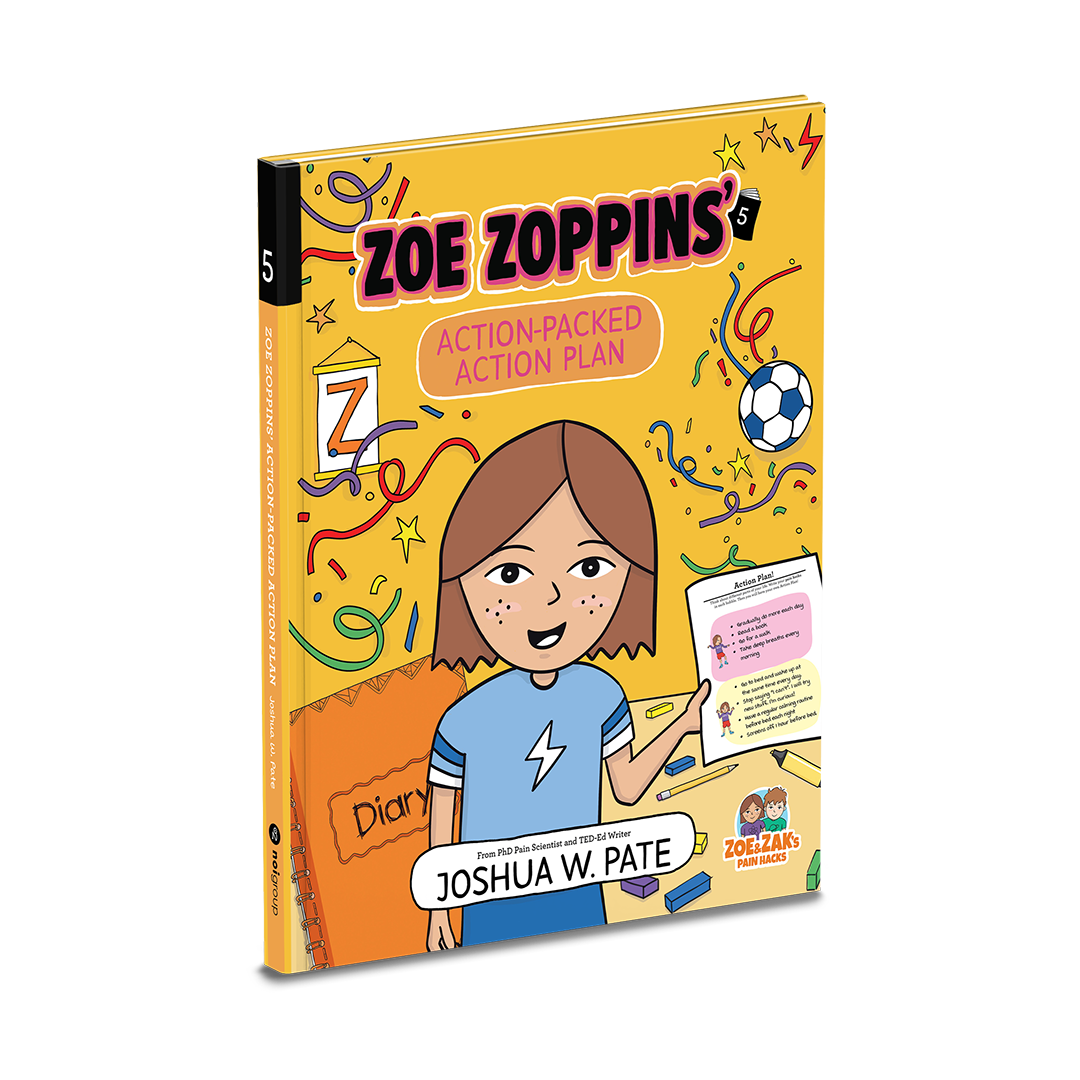 A book cover, 8 year-old Zoe is dressed in her soccer uniform and proudly showing us a piece of paper with her action plan on it. Streamers, a soccer ball and a diary are behind her, all on a yellow background.